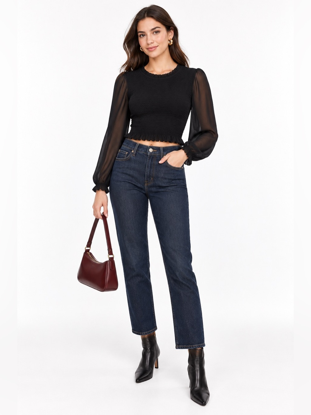 Aritzia Wilfred Black Smocked Crop Top Small Sheer Long Sleeve Ruffle Blouse